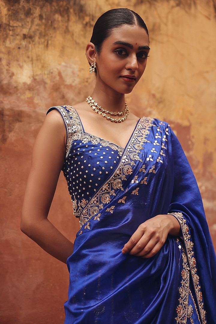 Blue Pure Silk Zardosi Embroidered Reception Lehenga Saree Set by Vinita Bhansali at Pernia's Pop Up Shop