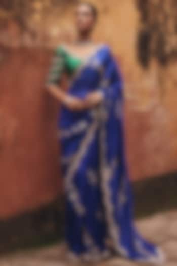 Blue Pure Silk Zardosi Embroidered Reception Saree Set by Vinita Bhansali at Pernia's Pop Up Shop