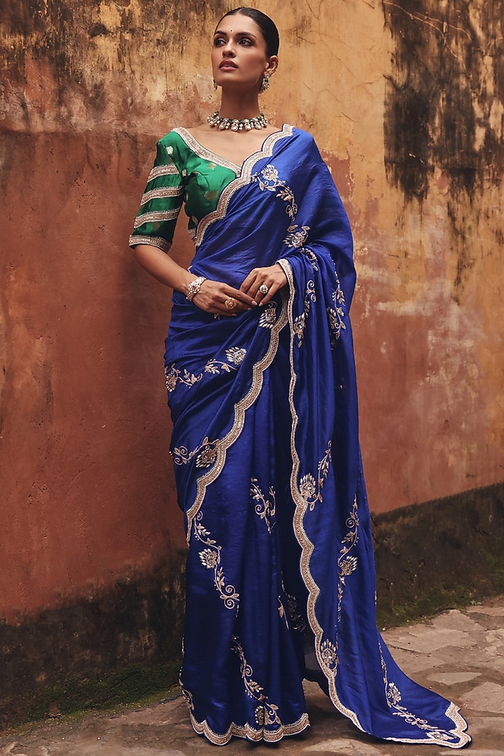 Blue Pure Silk Zardosi Embroidered Reception Saree Set by Vinita Bhansali at Pernia's Pop Up Shop