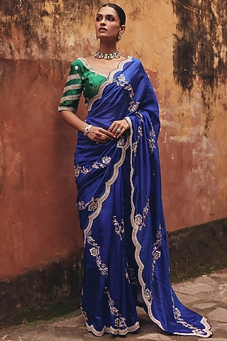 Blue Pure Silk Zardosi Embroidered Saree Set by Vinita Bhansali