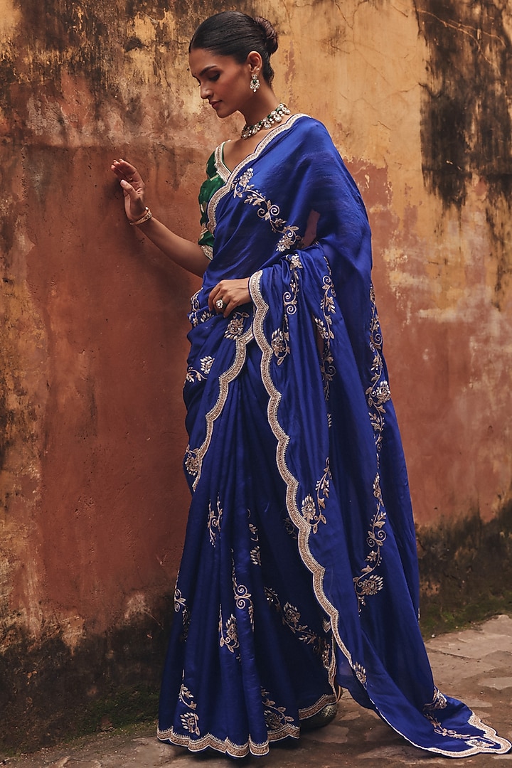 Blue Pure Silk Zardosi Embroidered Reception Saree Set by Vinita Bhansali at Pernia's Pop Up Shop