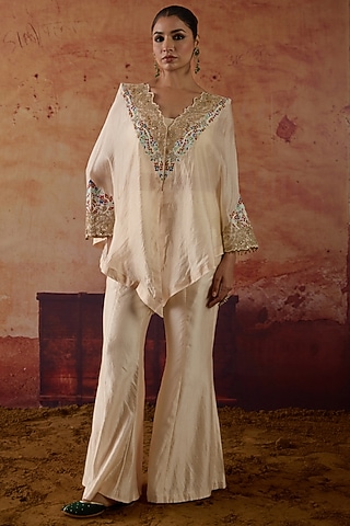 Ivory Pure Silk Zardosi Embroidered Cape Set by Vinita Bhansali