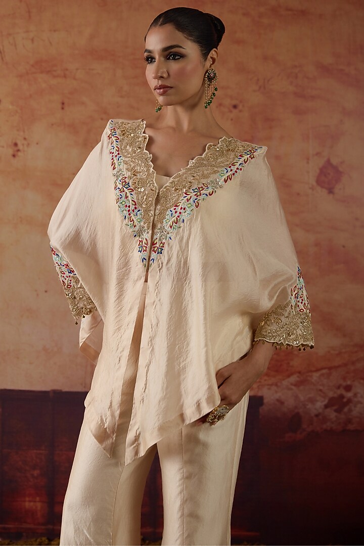 Ivory Pure Silk Zardosi Embroidered Cape Set by Vinita Bhansali at Pernia's Pop Up Shop