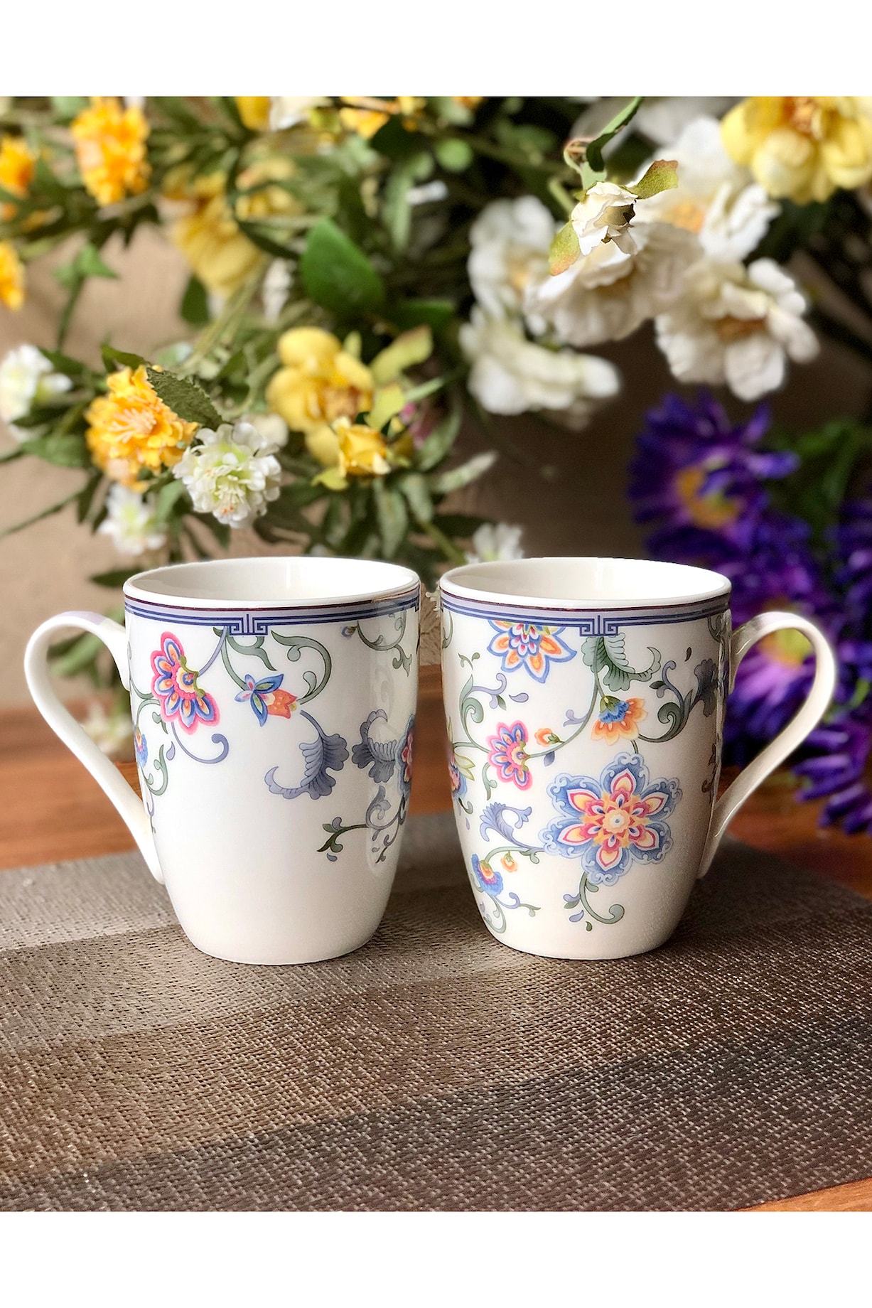 White Floral Pattern Embossed Porcelain Mugs (Set of 2) Design by