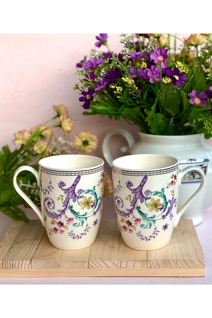 White Floral Artwork Porcelain Mugs (Set of 2) by Vigneto at Pernia's Pop Up Shop