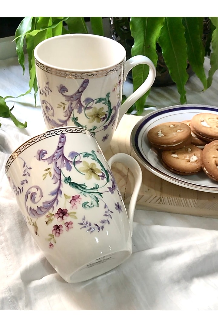 White Floral Artwork Porcelain Mugs (Set of 2) by Vigneto at Pernia's Pop Up Shop