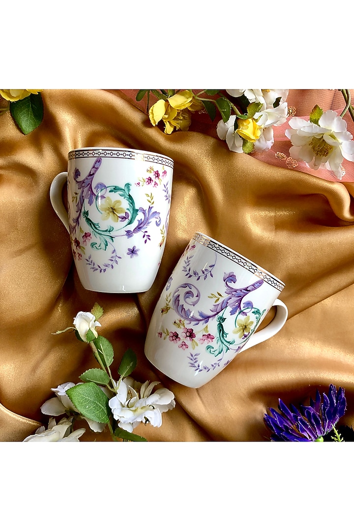 White Floral Artwork Porcelain Mugs (Set of 2) by Vigneto at Pernia's Pop Up Shop