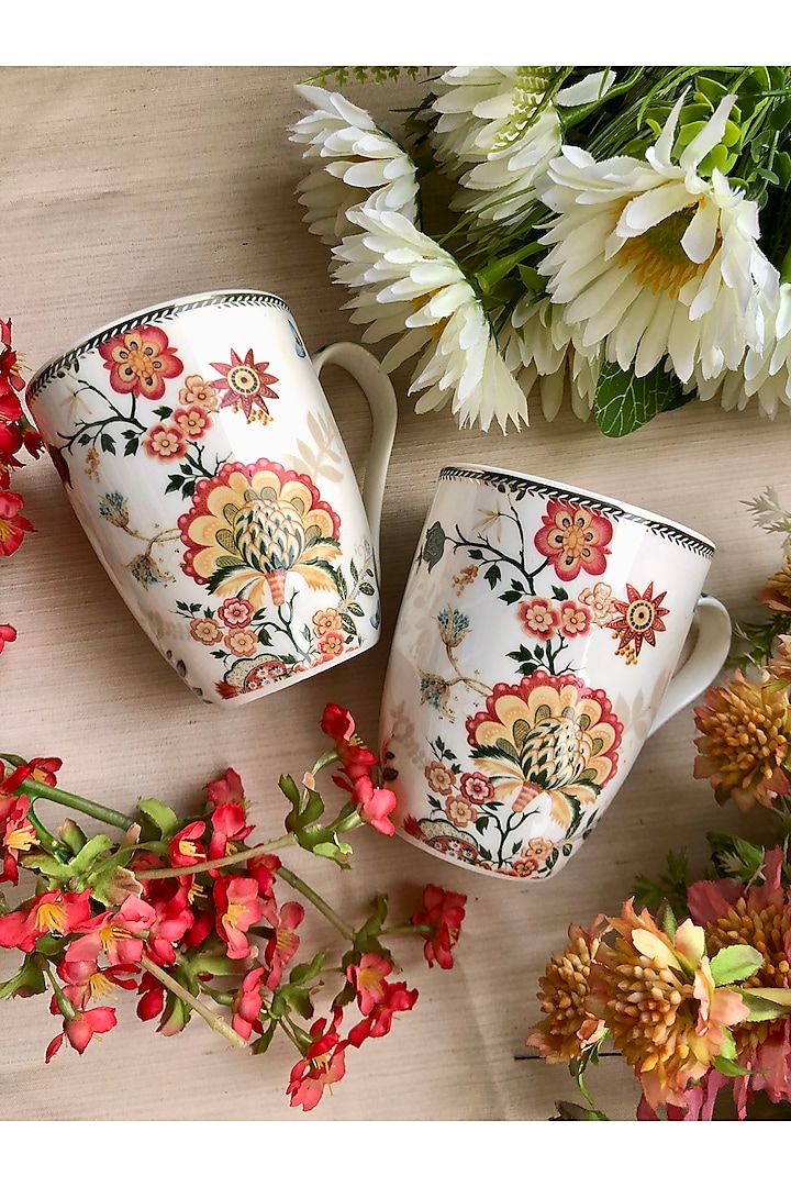 White & Red Floral Artwork Porcelain Mugs (Set of 2) by Vigneto
