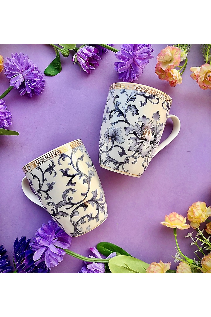 White Floral Pattern Embossed Porcelain Mugs (Set of 2) Design by