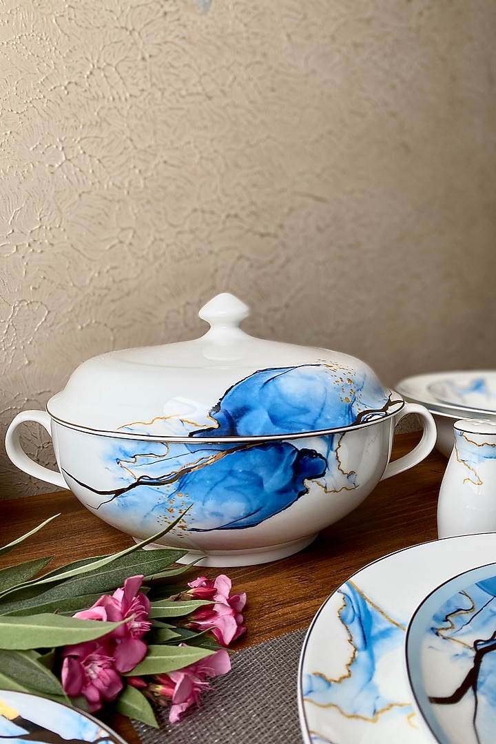 White Bone China Dinner Set With Gold Highlight (Set of 38) by Vigneto at Pernia's Pop Up Shop