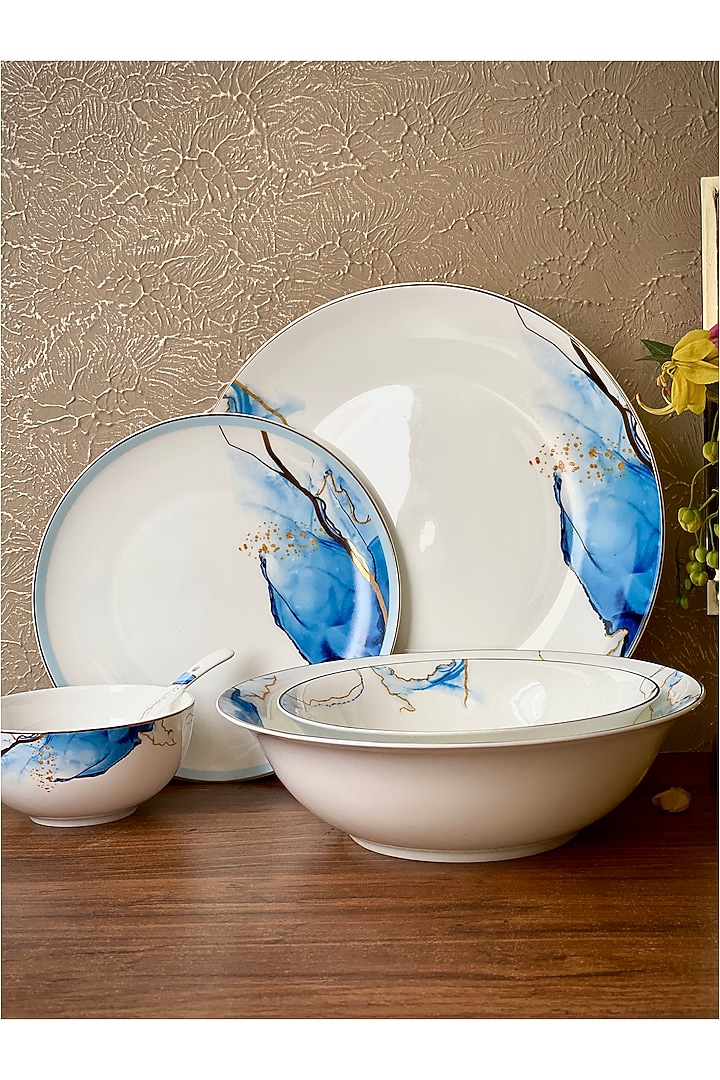 White Bone China Dinner Set With Gold Highlight (Set of 38) by Vigneto at Pernia's Pop Up Shop