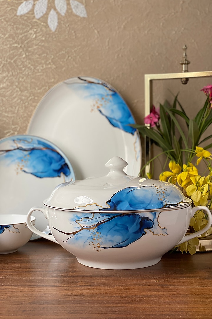 White Bone China Dinner Set With Gold Highlight (Set of 38) by Vigneto at Pernia's Pop Up Shop