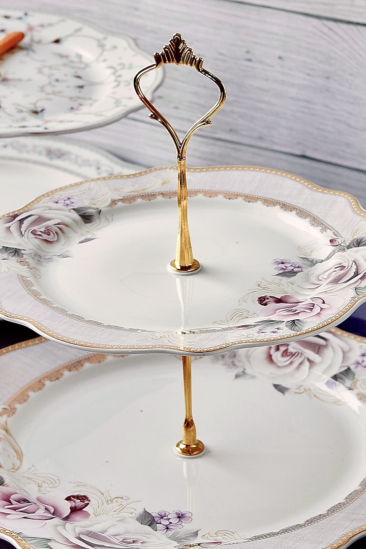 White & Pink Finest Premium Porcelain Two-Tiered Dessert Stand by Vigneto at Pernia's Pop Up Shop