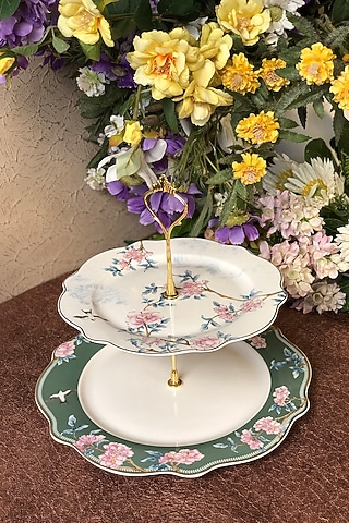 Green & White Finest Premium Porcelain Two-Tiered Dessert Stand by Vigneto