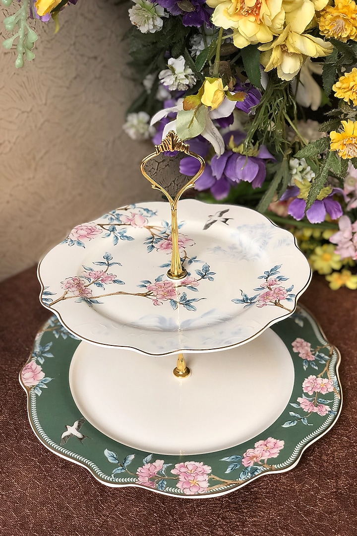 Green & White Finest Premium Porcelain Two-Tiered Dessert Stand by Vigneto at Pernia's Pop Up Shop
