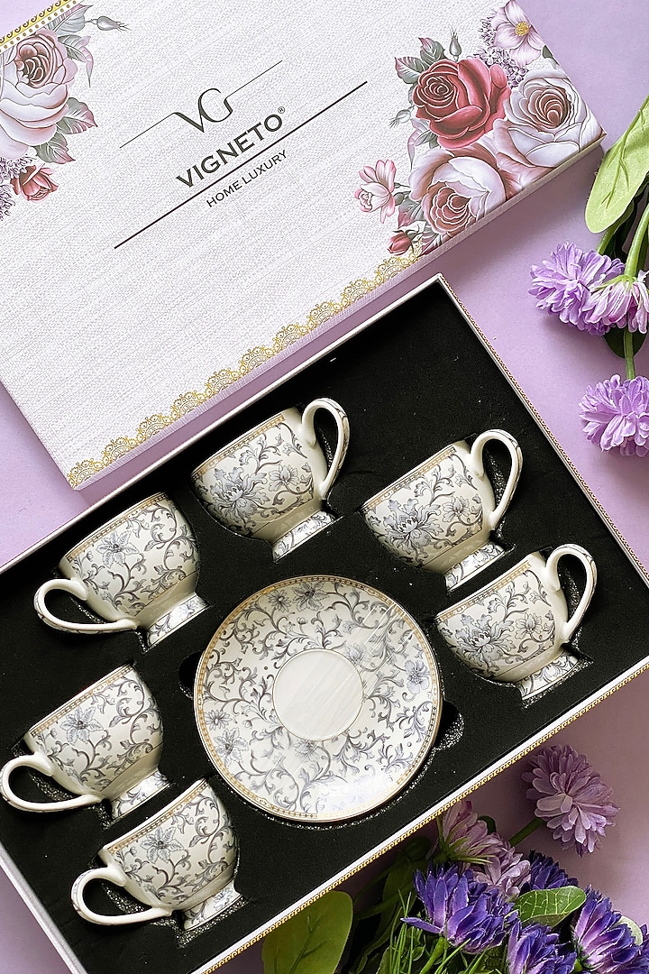 White Finest Premium Porcelain Floral Embossed Cup & Saucer Set by Vigneto at Pernia's Pop Up Shop