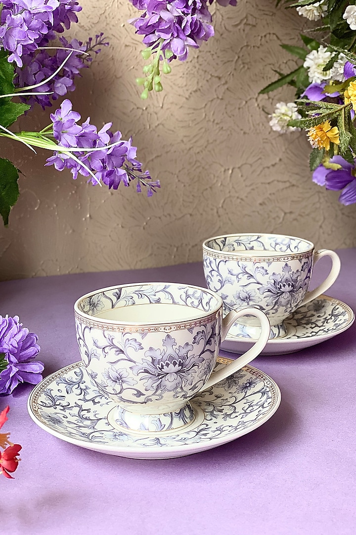 White Finest Premium Porcelain Floral Embossed Cup & Saucer Set by Vigneto at Pernia's Pop Up Shop