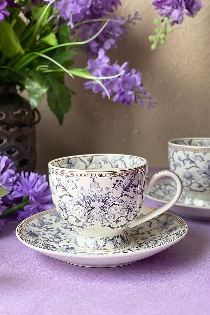 White Finest Premium Porcelain Floral Embossed Cup & Saucer Set by Vigneto at Pernia's Pop Up Shop