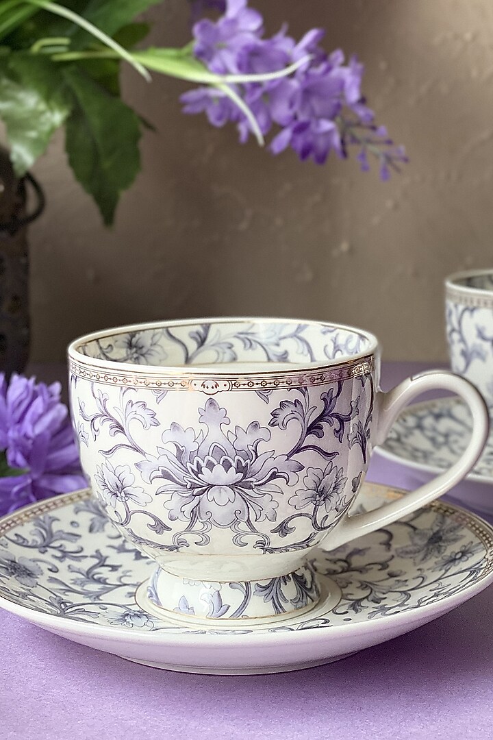 White Finest Premium Porcelain Floral Embossed Cup & Saucer Set by Vigneto at Pernia's Pop Up Shop