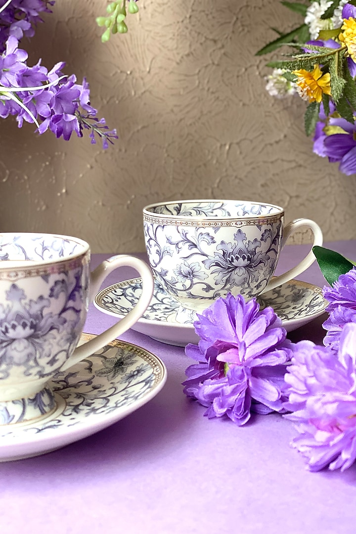 White Finest Premium Porcelain Floral Embossed Cup & Saucer Set by Vigneto at Pernia's Pop Up Shop