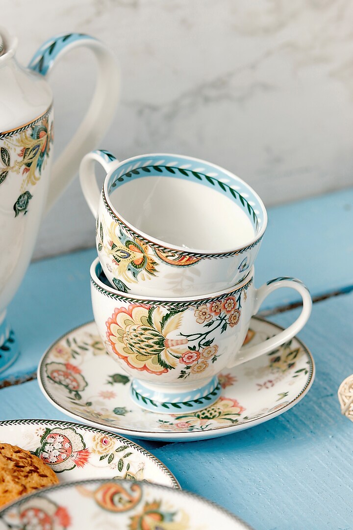 White Finest Premium Porcelain Floral Embossed Cup & Saucer Set by Vigneto at Pernia's Pop Up Shop