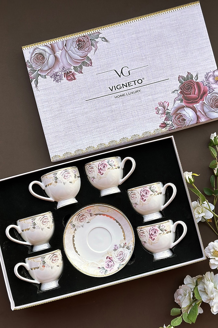 White Finest Premium Porcelain Floral Embossed Cup & Saucer Set by Vigneto at Pernia's Pop Up Shop