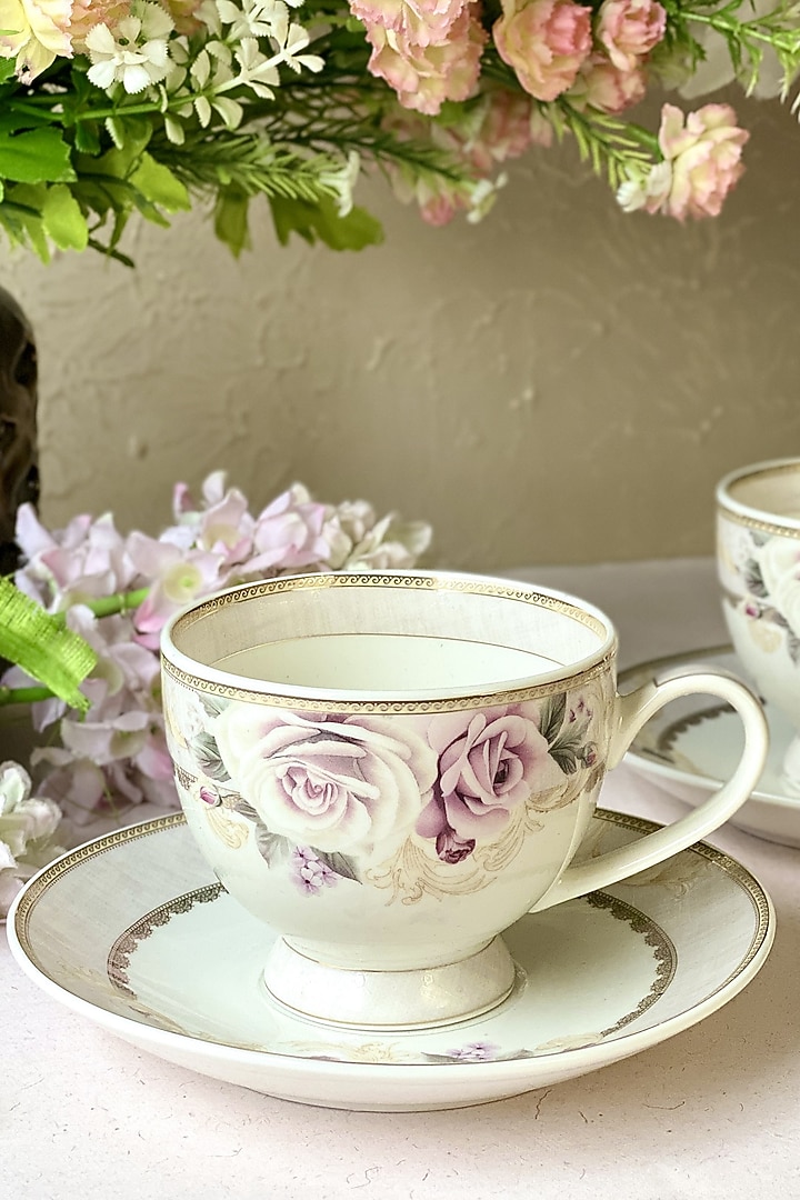 White Finest Premium Porcelain Floral Embossed Cup & Saucer Set by Vigneto at Pernia's Pop Up Shop