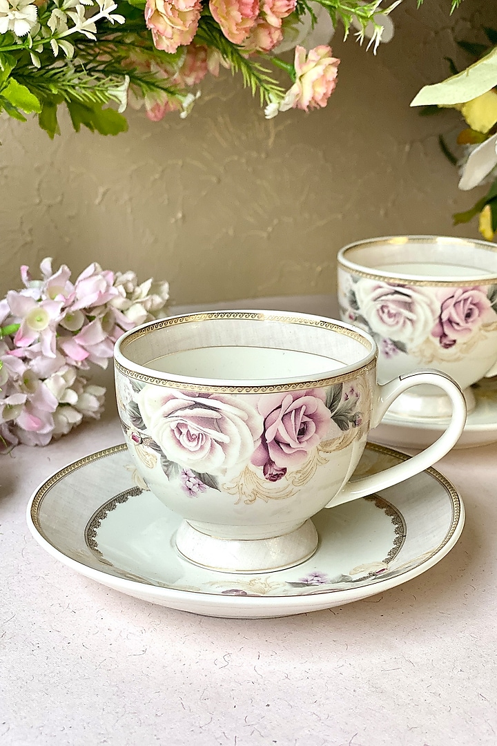 White Finest Premium Porcelain Floral Embossed Cup & Saucer Set by Vigneto