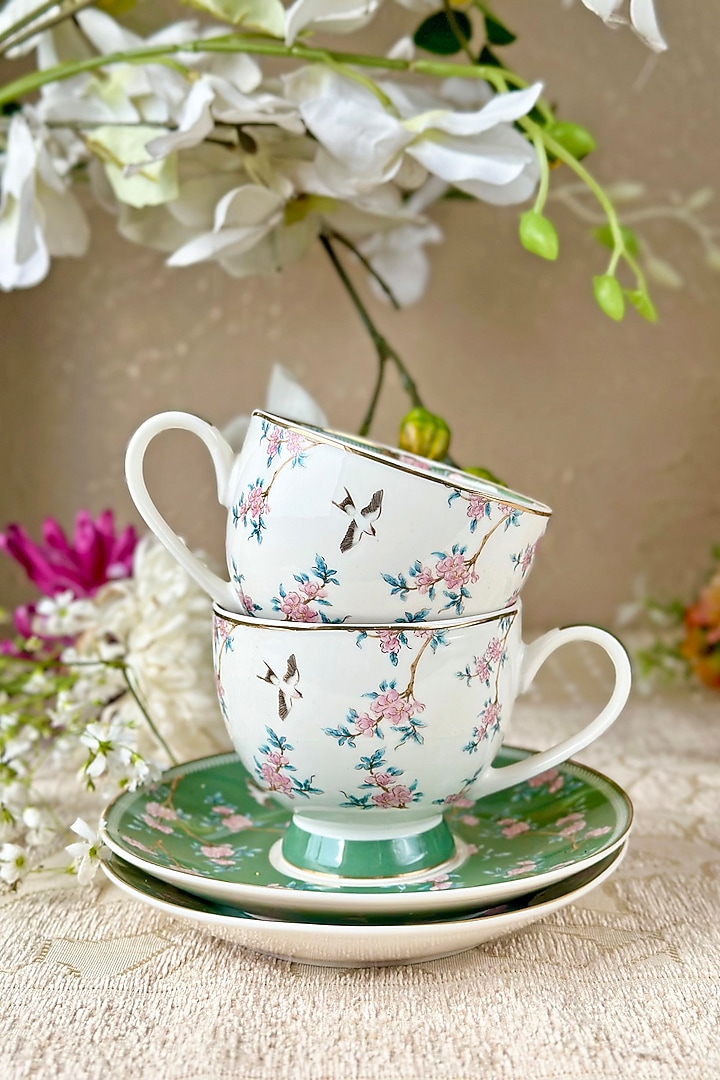 White Finest Premium Porcelain Floral Embossed Cup & Saucer Set by Vigneto at Pernia's Pop Up Shop
