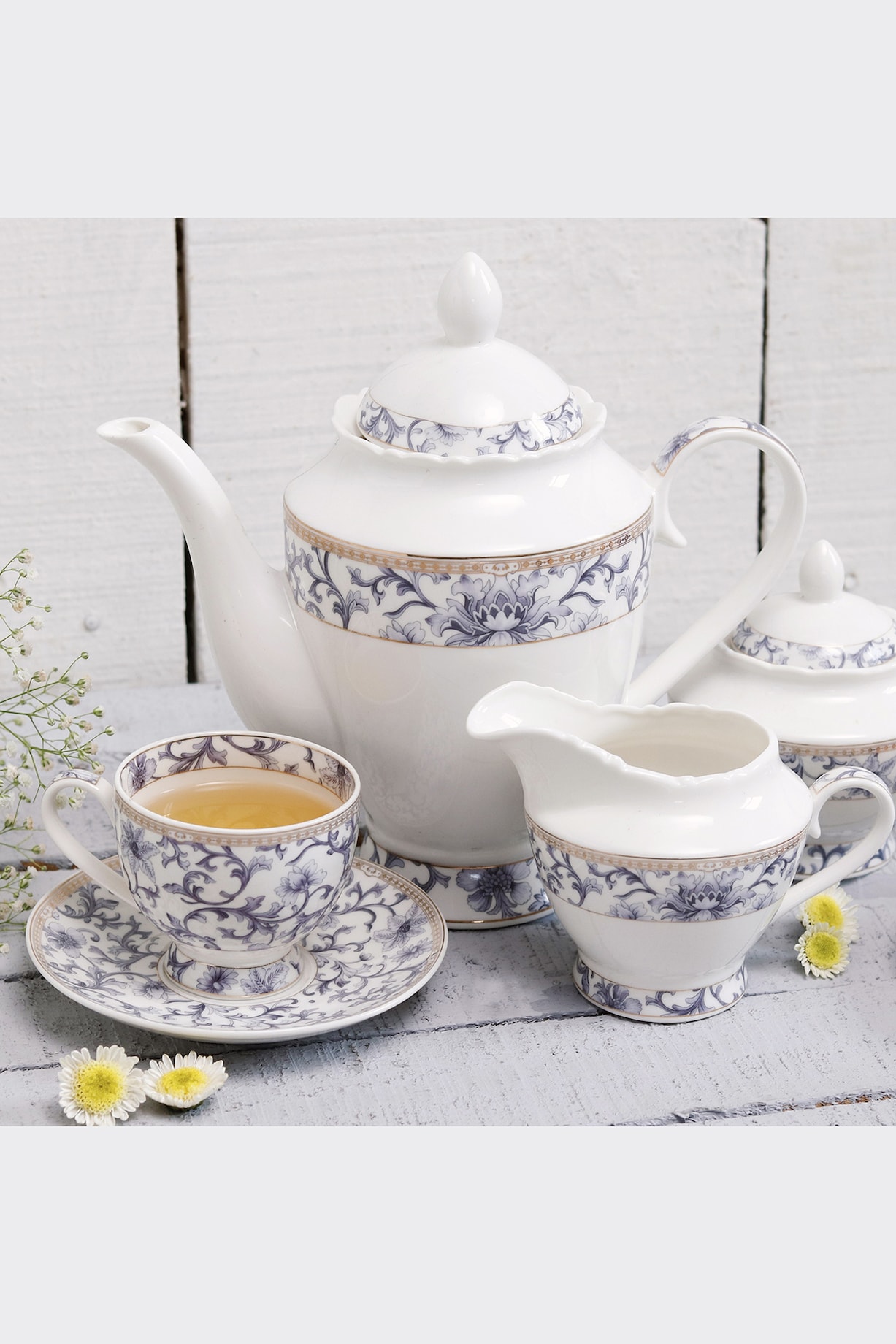 White Finest Premium Porcelain Floral Tea Set Design by Vigneto at