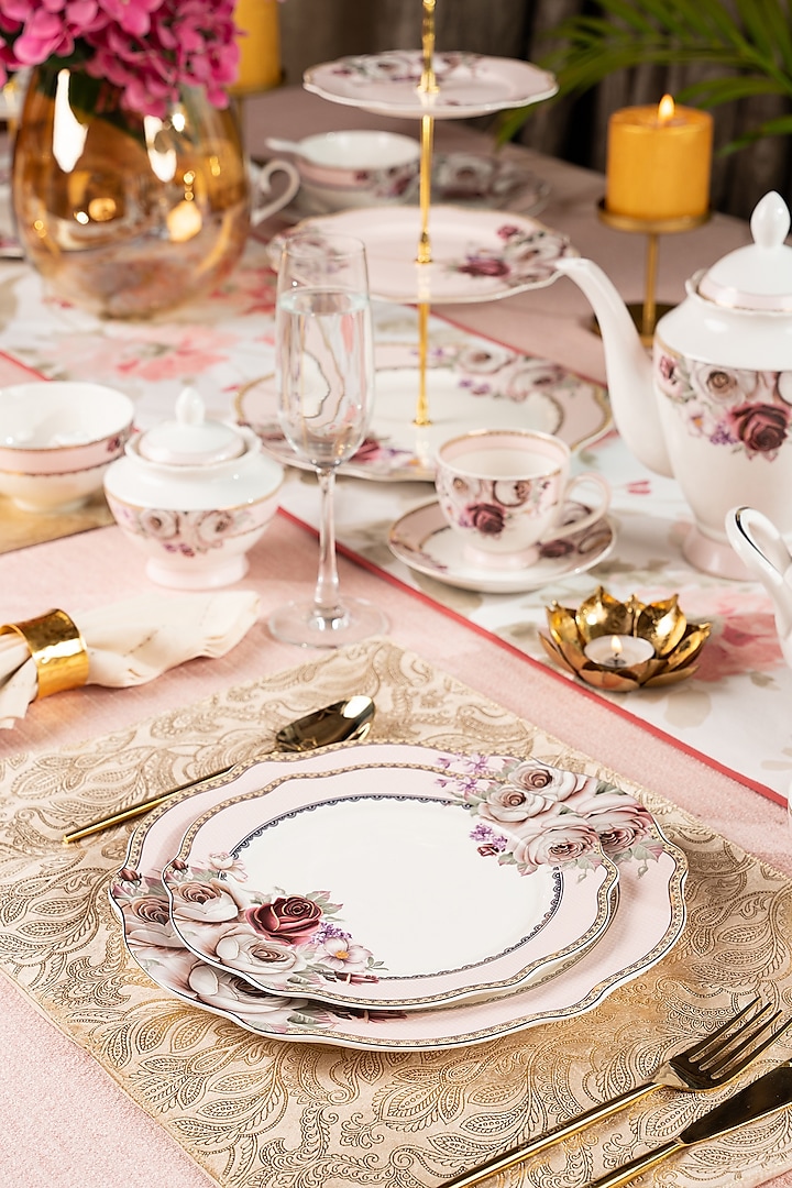 Pink & White Finest Premium Porcelain Floral Dinner Set by Vigneto