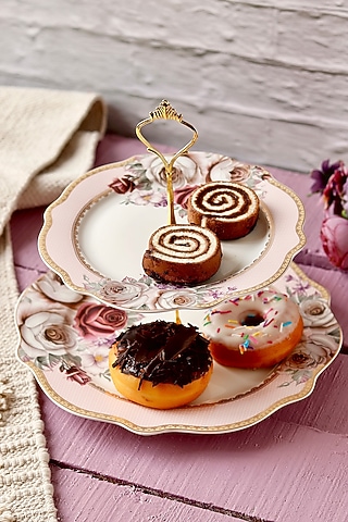 White & Baby Pink Finest Premium Porcelian Two-Tiered Dessert Stand by Vigneto