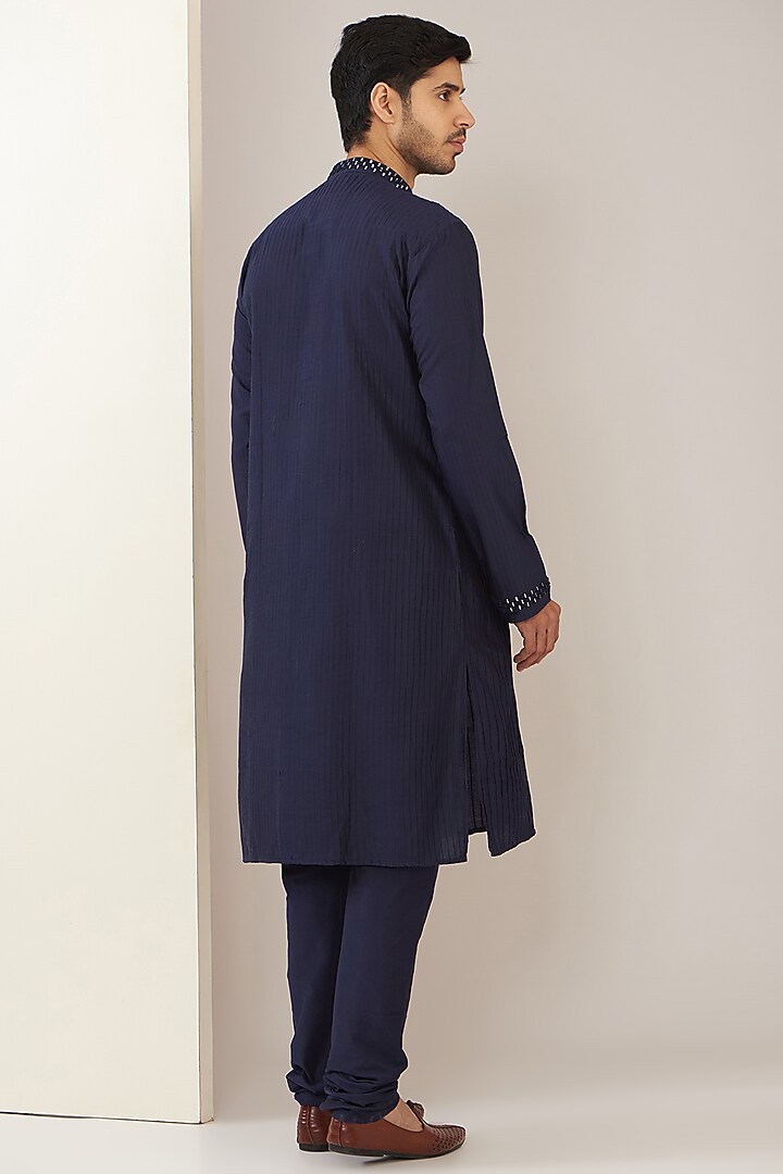 Dark Blue Cotton Blend Mirror Embroidered Kurta Set by VICUGNA at Pernia's Pop Up Shop