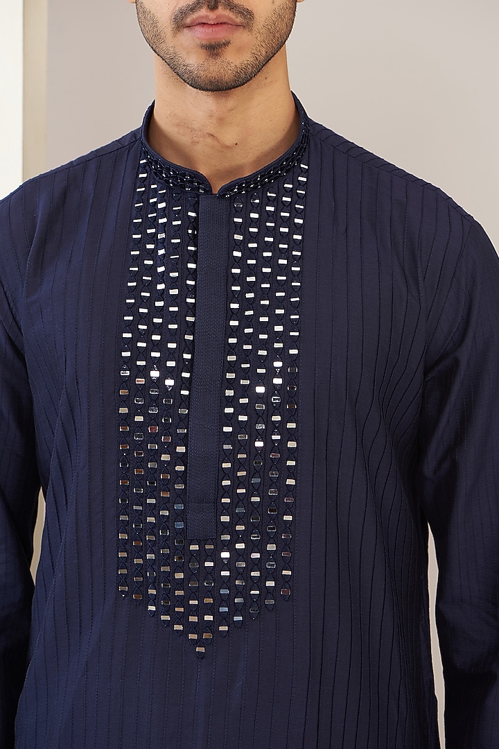 Dark Blue Cotton Blend Mirror Embroidered Kurta Set by VICUGNA at Pernia's Pop Up Shop