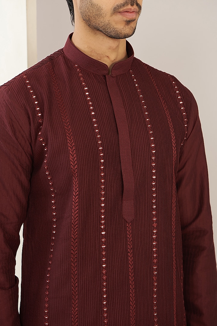 Wine Cotton Blend Mirror Embroidered Kurta Set by VICUGNA at Pernia's Pop Up Shop