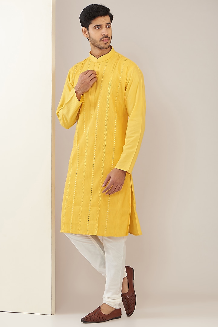 Haldi Yellow Cotton Blend Mirror Embroidered Kurta Set by VICUGNA