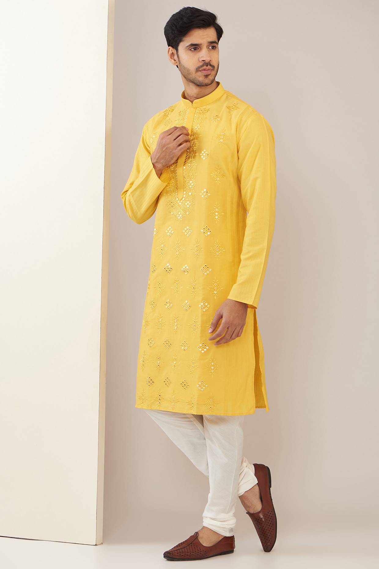 Haldi Yellow Kurta With Resham Embroidery main image 1