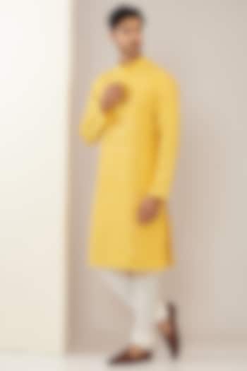 Haldi Yellow Cotton Blend Mirror Embroidered Kurta Set by VICUGNA