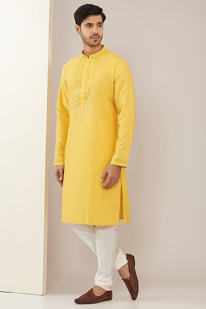 Haldi Yellow Cotton Blend Mirror Embroidered Kurta Set Design by ...