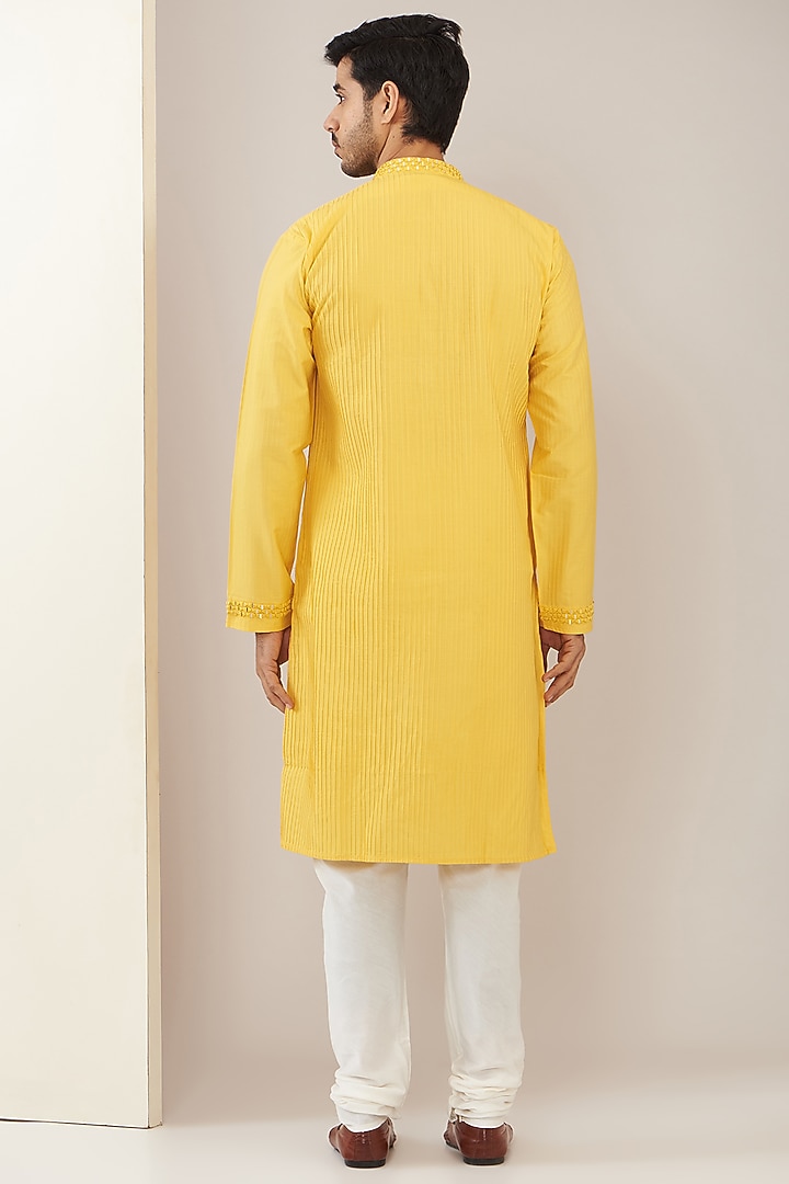 Haldi Yellow Cotton Blend Mirror Embroidered Kurta Set by VICUGNA at Pernia's Pop Up Shop