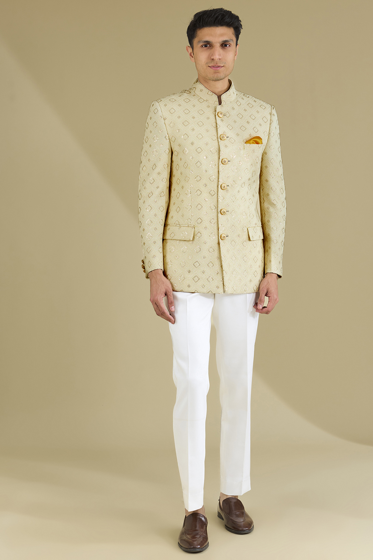 Ivory Poly Viscose Blend Motif Thread Embroidered Wedding Bandhgala Set by VICUGNA at Pernia's Pop Up Shop