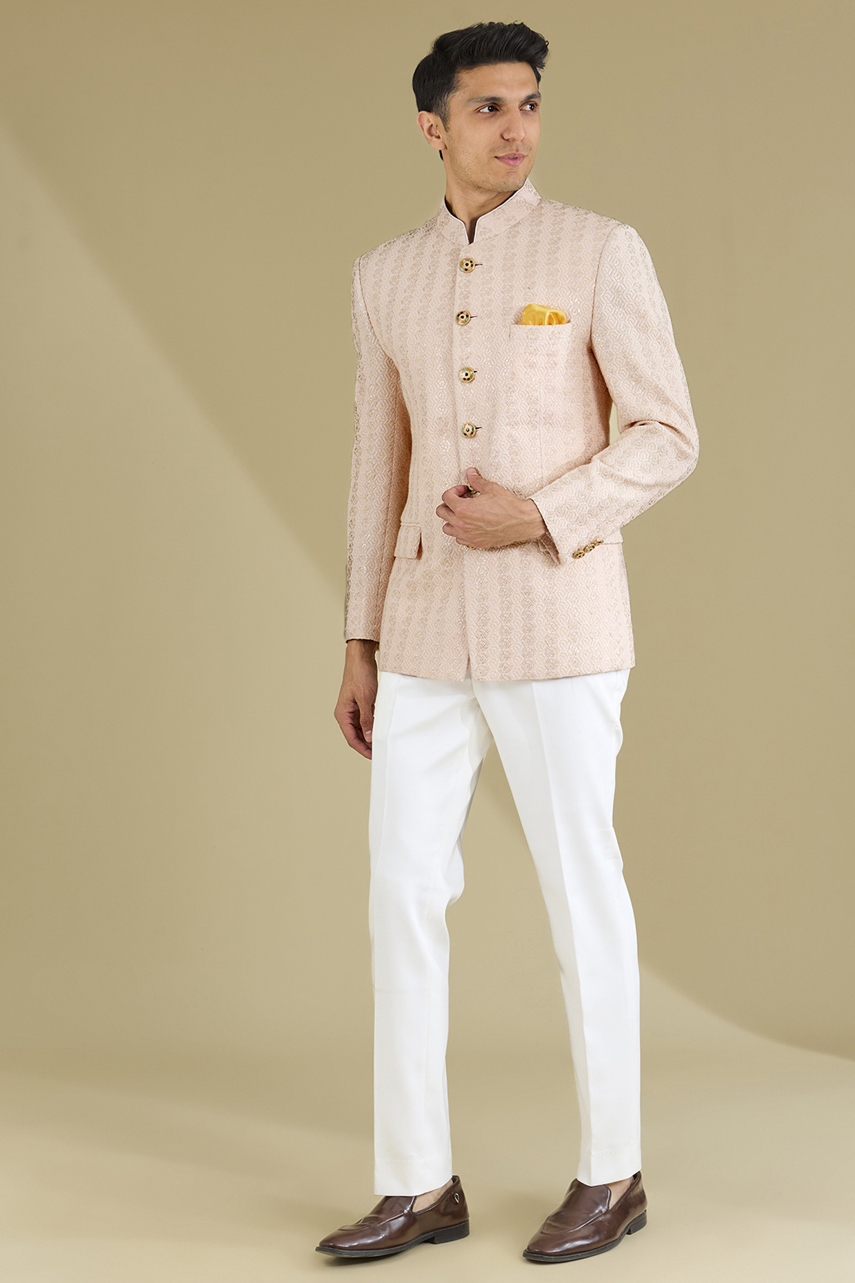 Blush Poly Viscose Blend Motif Thread Embroidered Wedding Bandhgala Set by VICUGNA at Pernia's Pop Up Shop