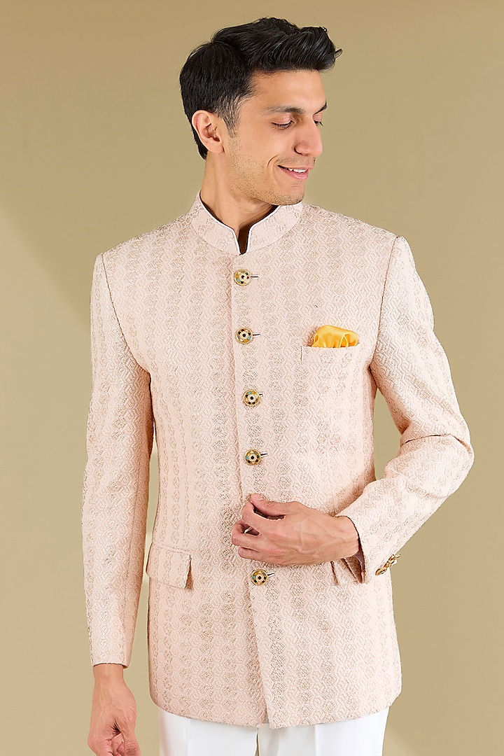 Blush Poly Viscose Blend Motif Thread Embroidered Wedding Bandhgala Set by VICUGNA at Pernia's Pop Up Shop
