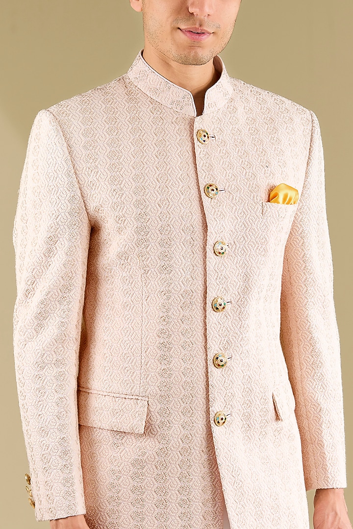 Blush Poly Viscose Blend Motif Thread Embroidered Wedding Bandhgala Set by VICUGNA at Pernia's Pop Up Shop