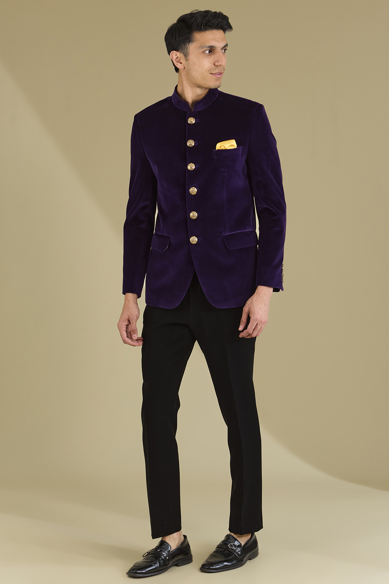 Dark Purple Cotton Velvet Bandhgala Set by VICUGNA