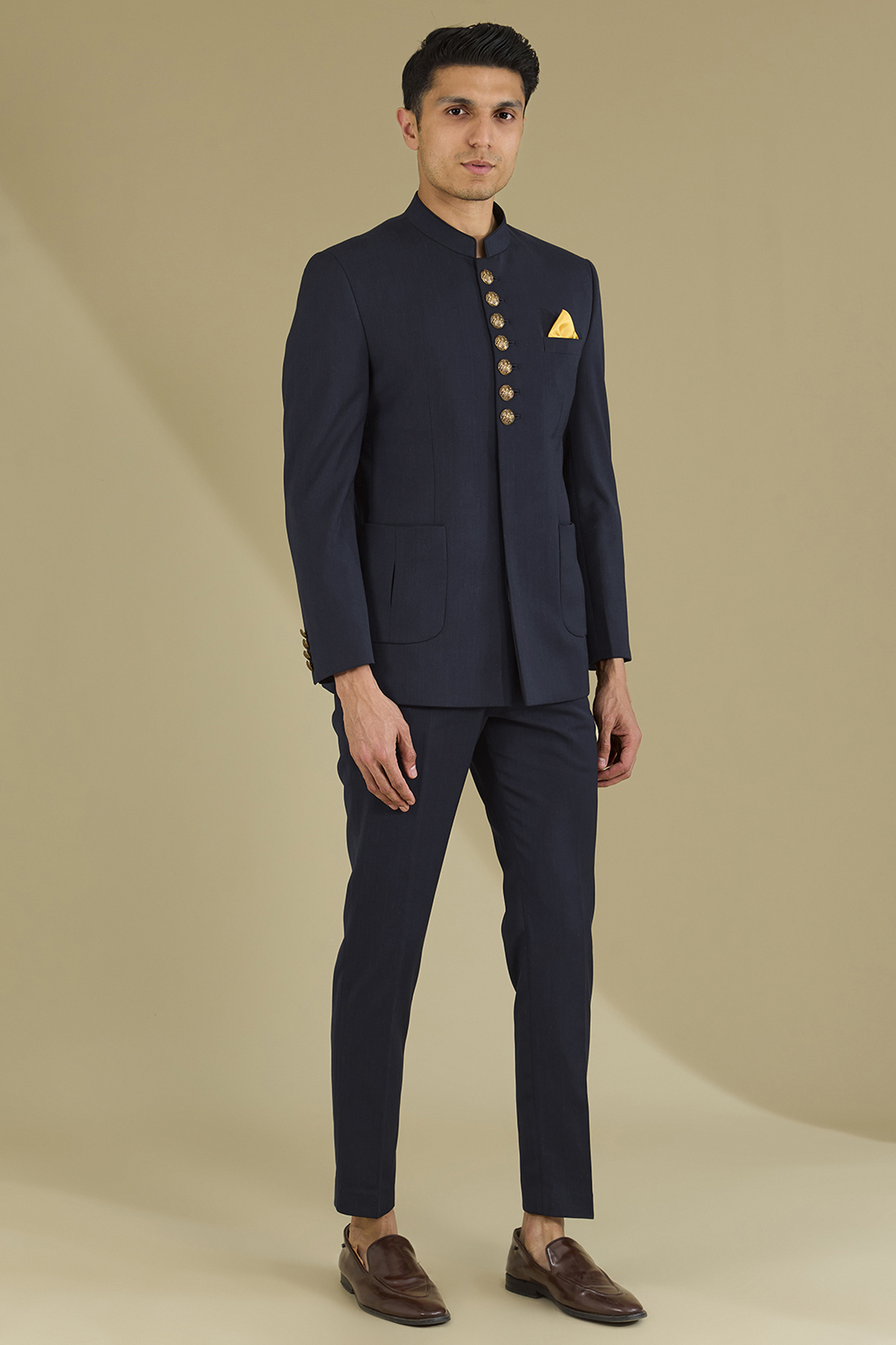 Dark Blue Poly Viscose Wedding Bandhgala Set by VICUGNA at Pernia's Pop Up Shop