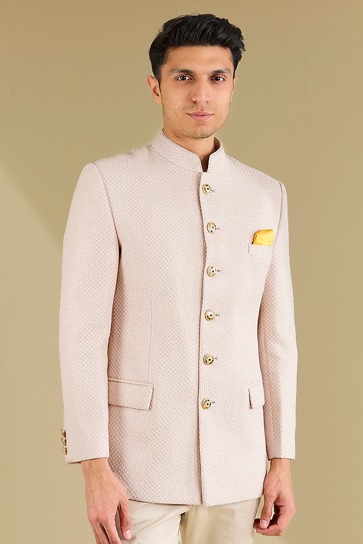Blush Poly Viscose Motif Thread Embroidered Wedding Bandhgala Set by VICUGNA at Pernia's Pop Up Shop