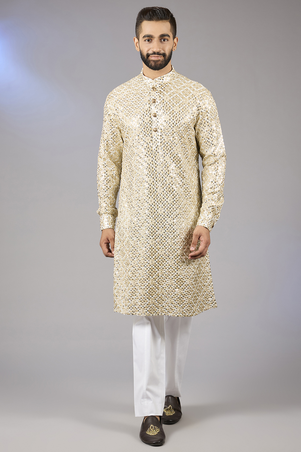 Gold Poly Viscose Blend Motif Thread Embroidered Kurta Set by VICUGNA