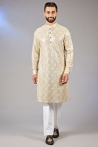 Gold Poly Viscose Blend Motif Thread Embroidered Kurta Set by VICUGNA
