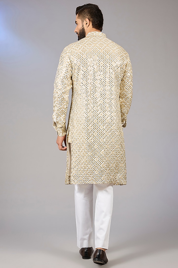 Gold Poly Viscose Blend Motif Thread Embroidered Kurta Set by VICUGNA at Pernia's Pop Up Shop